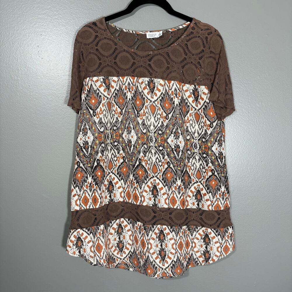 Charming Charlie Women's Brown Y2K Boho Lace Panel Top - Size Large - Earth Tone